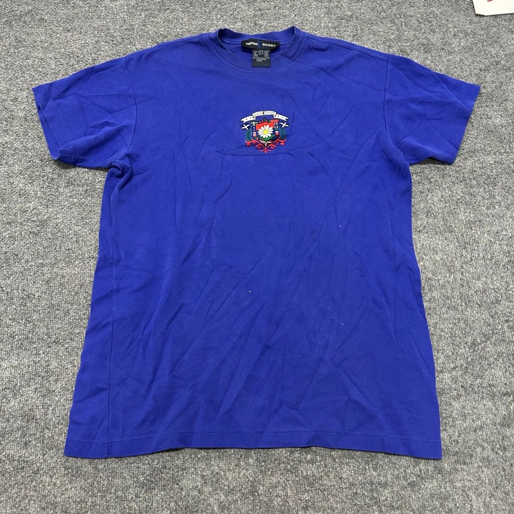 Escada Sport T-Shirt Womens Size L Blue Embroidered Crest Short Sleeve Cotton